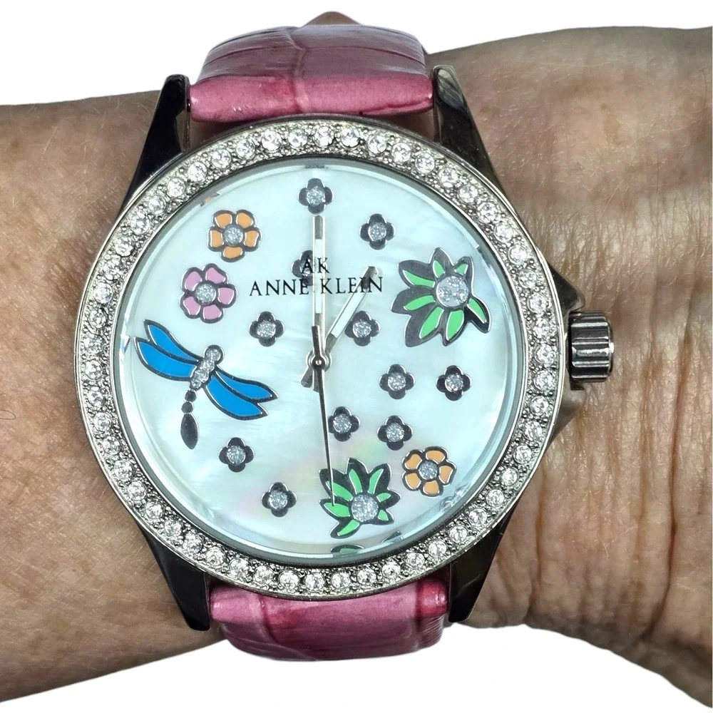 Anne Klein Women Watch 10/8859 Silver‎ Pink Leather Dragonfly Flower Crystal MOP